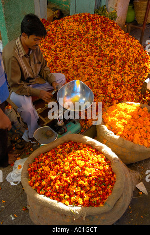 La vente de fleurs sur l'homme qui offre le marché aux fleurs de Madurai , le sud de l'Inde Banque D'Images