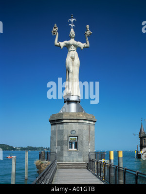 Konstanzer Pegel, Imperia-Statue im Hafen von Peter Lenk, Kurtisane, Konstanz, Rhein, Seerhein, Bodensee, Bade-Wurtemberg Banque D'Images