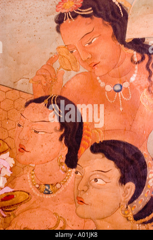 Peinture murale de Mayadevi, mère de Bouddha, à l'Institut de tibétologie de Gangtok, Sikkim, Inde. Religieux bouddhistes traditionnels compris Banque D'Images