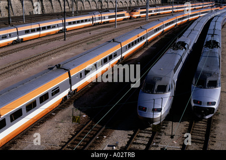 Les TGV français en attente sur voies ferrées pour le départ et d'arrivée, Paris, France. Banque D'Images
