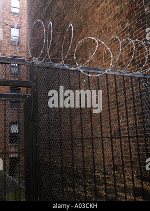 Rouleaux de barbelés au sommet d'une clôture en fer forgé devant une ruelle dans l'upper west side de New York. Banque D'Images