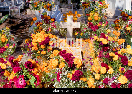Une abondance de fleurs jaune d'or au cimetière municipal de San Miguel de Allende sur dia de los Muertos Banque D'Images