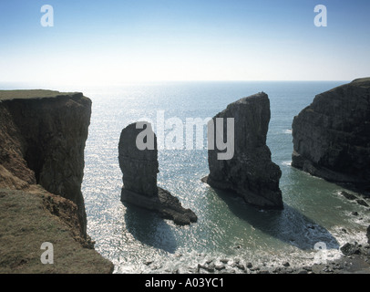 Parc national de la côte du Pembrokeshire près de Castlemartin avec Elegug Stacks Silhouette paysage du sentier côtier soleil scintillent sur la mer sud du pays de Galles Banque D'Images