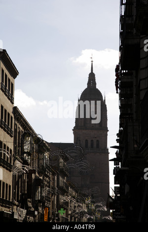 Vue de la Catedral Nueva de Salamanca plus de lumières de Noël dans une rue Banque D'Images