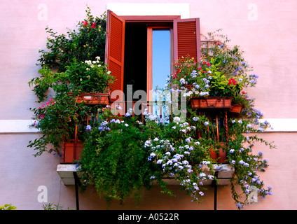 Balcon plein de fleurs, Trastevere, Rome, Italie Banque D'Images