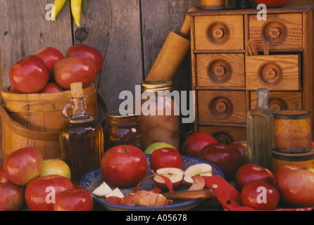 Collection d'objets pour la préservation des pommes, beurre de pomme, sirop, et de récolte d'automne, assis près d'un cabinet d'épices Missouri USA Banque D'Images