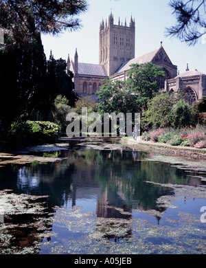 Palais des évêques terrains avec Wells Cathedral - Cathédrale de St Andrew - reflétant dans la piscine du Somerset, Royaume-Uni Banque D'Images