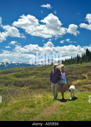 Couple walking dog sur la voie près de Vail Colorado États-unis sommet Rocky Mountains Banque D'Images