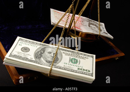 L'argent des piles de cent billets d'un dollar et cinquante pound note pesés sur scales Banque D'Images