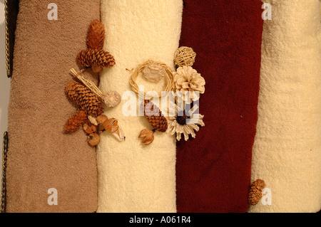 Cônes de pin décoration sur pile de serviettes Banque D'Images