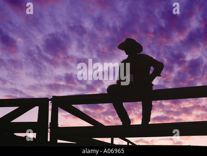 USA silhouette de western Rodeo Cowboy sitting on fence Banque D'Images