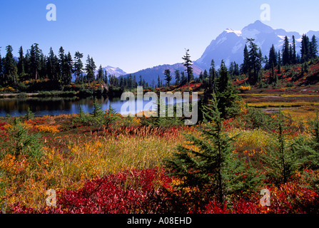 Le mont Baker - Snoqualmie National Forest, North Carolina, USA - Mt Shuksan au-dessus du lac Photo et 'Heather Meadows' - Automne, automne Banque D'Images