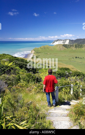 Les terres agricoles et la voie à East Cape Lighthouse Eastland Nouvelle-zélande Banque D'Images