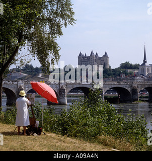 La peinture de l'artiste les Châteaux Saumur de la rive nord de la Loire Banque D'Images