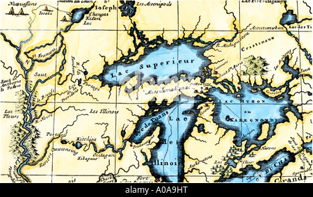 Carte française des Grands Lacs et du haut fleuve Mississippi circa 1700 région. À la main, gravure sur bois Banque D'Images