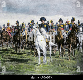 Napoléon et son état-major militaire sur le champ de bataille. La main, d'une illustration de demi-teinte Banque D'Images