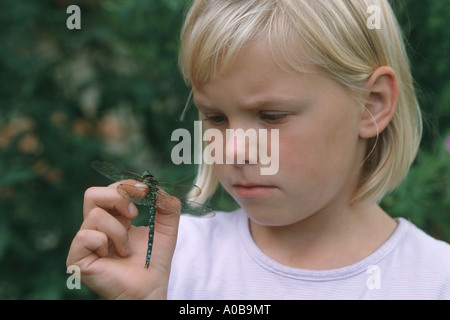 Blue-green darner, le sud de l'AESHNA Aeshna, sud de Hawker (cyanea), girl watching dragonfly Banque D'Images