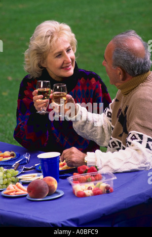 Mature couple toasting with pique-nique dans le parc Banque D'Images