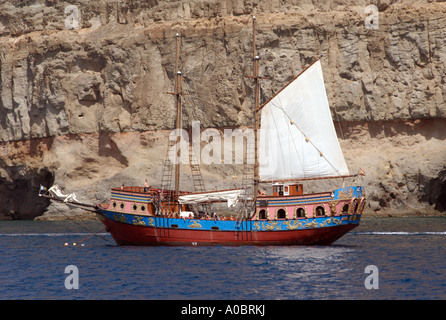 Un Ketch Bateau à voile de plaisance par une paroi de rochers sur l'océan entre Playa Del Cura et Puerto Mogan sur Gran Canaria Espagne capturé 09 Banque D'Images