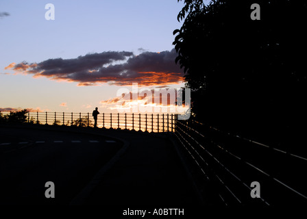 Une seule personne se tenant près d'une barrière de rail en regardant le coucher du soleil sur Oslo depuis un point de vue à Ekeberg appelé utsikten. Banque D'Images