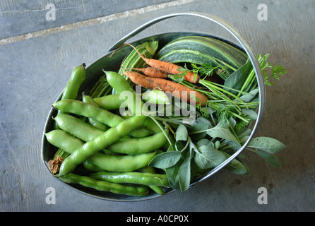 Une sélection DE LÉGUMES FRAIS ET DES HERBES DANS UN PANIER MÉTAL UK Banque D'Images