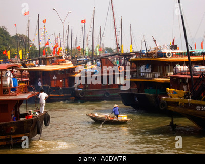 Les jonques touristiques petit bateau dans la baie d'Ha Long, Vietnam, Asie du sud-est. Banque D'Images