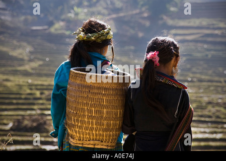 Vue arrière de deux jeunes filles H'Mong noir avec un panier de bambou tressé, debout face à des rizières en terrasse près de Sapa, province de Lao Cai, Vietnam Banque D'Images