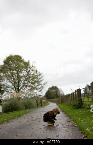 Jeune fille à la recherche de feuilles à l'automne sur la route. Banque D'Images