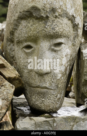 Sculpture d'un visage sculpté dans la pierre, dans un endroit sec, digue stane par Matt Baker Galloway Forest Park Scotland UK Banque D'Images