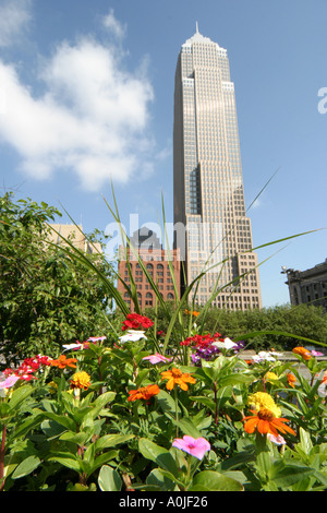 Cleveland Ohio, centre-ville, centre-ville, Key Tower, immeuble de bureaux, gratte-ciel, Memorial Plaza fleur, fleur, OH0614040006 Banque D'Images