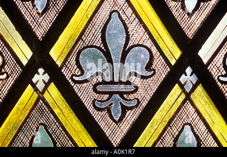 Close up tout droit détail de vitraux à motifs diamants victorienne avec répétition d'une fleur-de-lys Banque D'Images