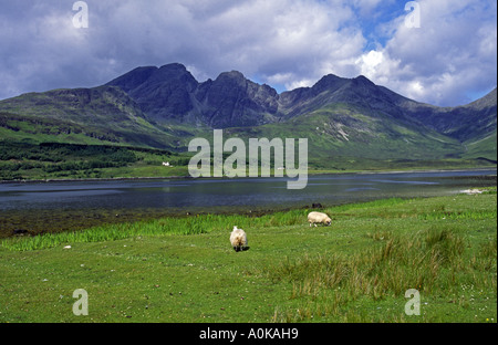 La magnifique montagne Bla Bheinn portant à 928 mètres du niveau de la mer des rives du Loch Slapin. Banque D'Images