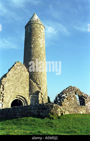 Finghan Temple et sa tour ronde à Clonmacnoise Irlande Offaly County Banque D'Images