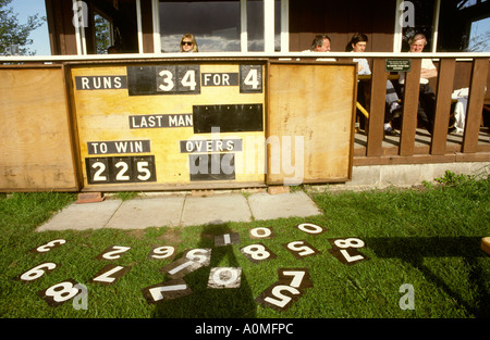 Cheshire Cholmondeley Castle cricket ground : tableau de bord et de numéros à l'avant du pavillon Banque D'Images