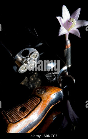 Smith & Wesson calibre 38 pistolet revolver avec de petites fleurs roses de germination balle à pointe creuse Banque D'Images