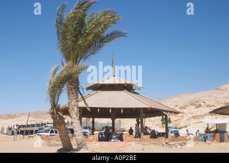Un palmier et kiosque sur la plage à Hammam Faraon Pharaon s Hot Springs la Mer Rouge Sinaï Égypte Occidentale Banque D'Images