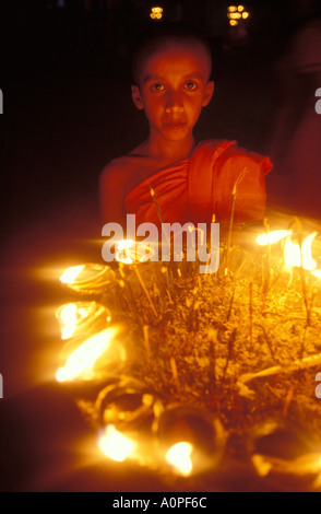 Éclairage lampes à huile jeune moine dans un temple bouddhiste au cours de la célébration de l'anniversaire de Bouddha au Sri Lanka Banque D'Images