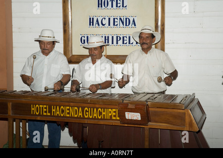 Musiciens jouant une type de xylophone Hacienda Guachipelin près de Parc National de Rincon de la Vieja Guanacaste Costa Rica Centre Banque D'Images