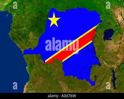 Image satellite de la République démocratique du Congo couverts par le drapeau de ce pays Banque D'Images