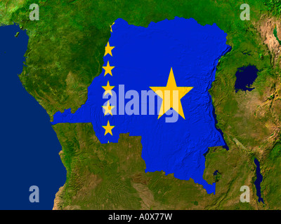 Image satellite de la République démocratique du Congo couvert par ce drapeau historique du pays Banque D'Images