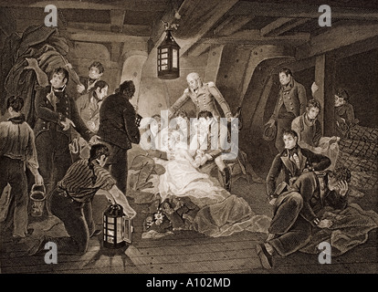 Décès de Lord Nelson. Le vice-amiral Horatio Nelson, 1er vicomte Nelson, duc de Bronté, 1758 - 1805. Drapeau britannique, officier de la Royal Navy. Banque D'Images