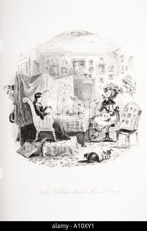 Kate Nickleby assis à Miss La Creevy. Illustration de la nouvelle de Charles Dickens Nicholas Nickleby par H K Browne connu comme Phiz Banque D'Images