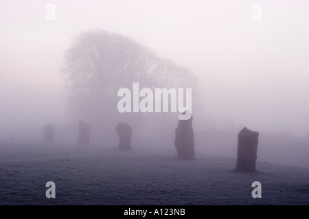 Avebury Stone Circle enveloppée de brouillard sur un matin d'hiver glacial Banque D'Images