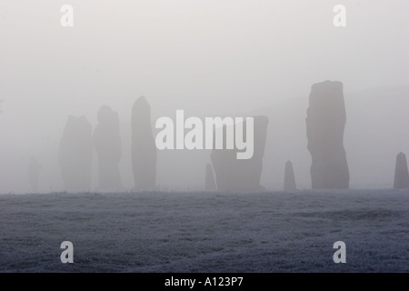 Avebury Stone Circle enveloppée de brouillard sur un matin d'hiver glacial Banque D'Images