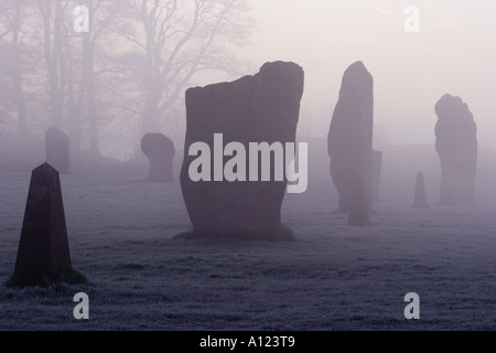 Avebury Stone Circle enveloppée de brouillard sur un matin d'hiver glacial Banque D'Images