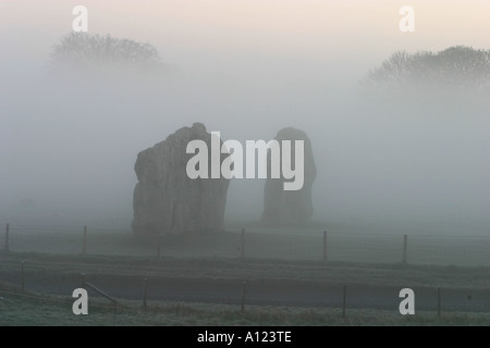 Avebury Stone Circle enveloppée de brouillard sur un matin d'hiver glacial Banque D'Images