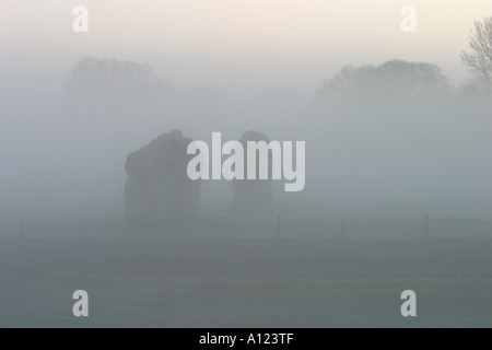 Avebury Stone Circle enveloppée de brouillard sur un matin d'hiver glacial Banque D'Images