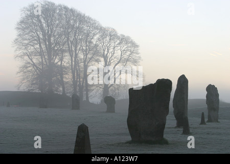 Avebury Stone Circle enveloppée de brouillard sur un matin d'hiver glacial Banque D'Images