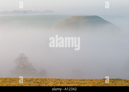 Silbury Hill monument néolithique mystérieux dans le Wiltshire enveloppées de brumes au petit matin Banque D'Images