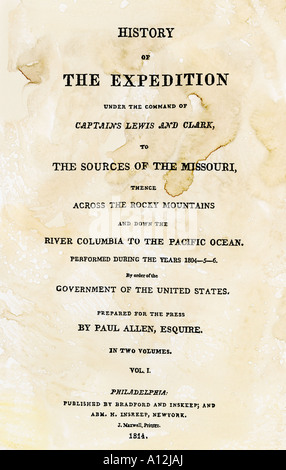 Page de titre de la première publication de Lewis et Clark journal et notes 1814. Gravure sur bois avec un lavage à l'aquarelle Banque D'Images